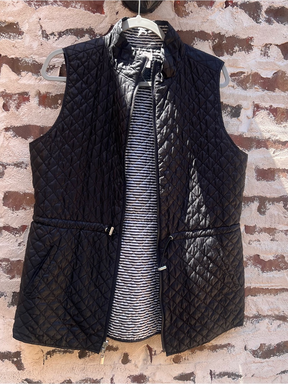 Chico's Lightweight Quilted Black Sleeveless Vest with Striped Interior